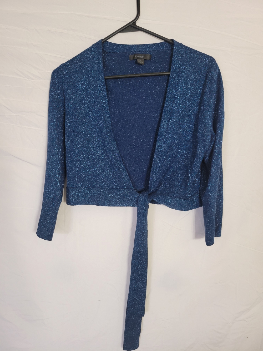 Express Sparkle Blue Tie-Front Cropped Cardigan
